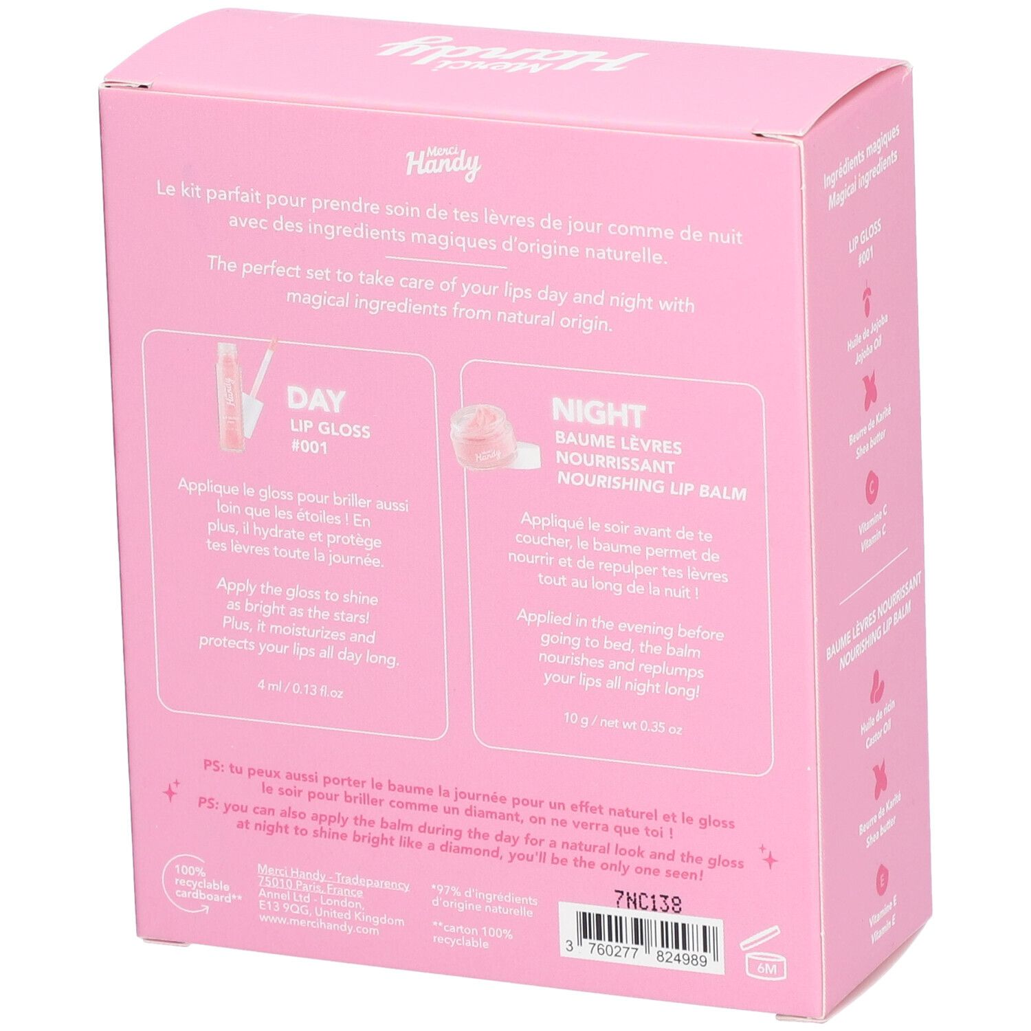 Roze verpakking met tekst. Lipgloss en balsem. Merk Merci Handy. Opschrift "Lip Glow Heroes". Gebruiksaanwijzingen.