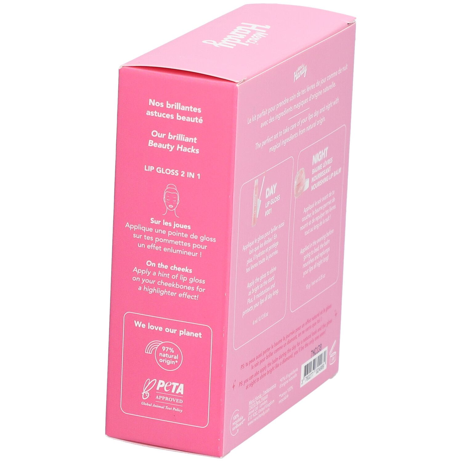 Roze verpakking met tekst. Lipgloss en balsem. Merk Merci Handy. Opschrift "Lip Glow Heroes". PETA-logo.