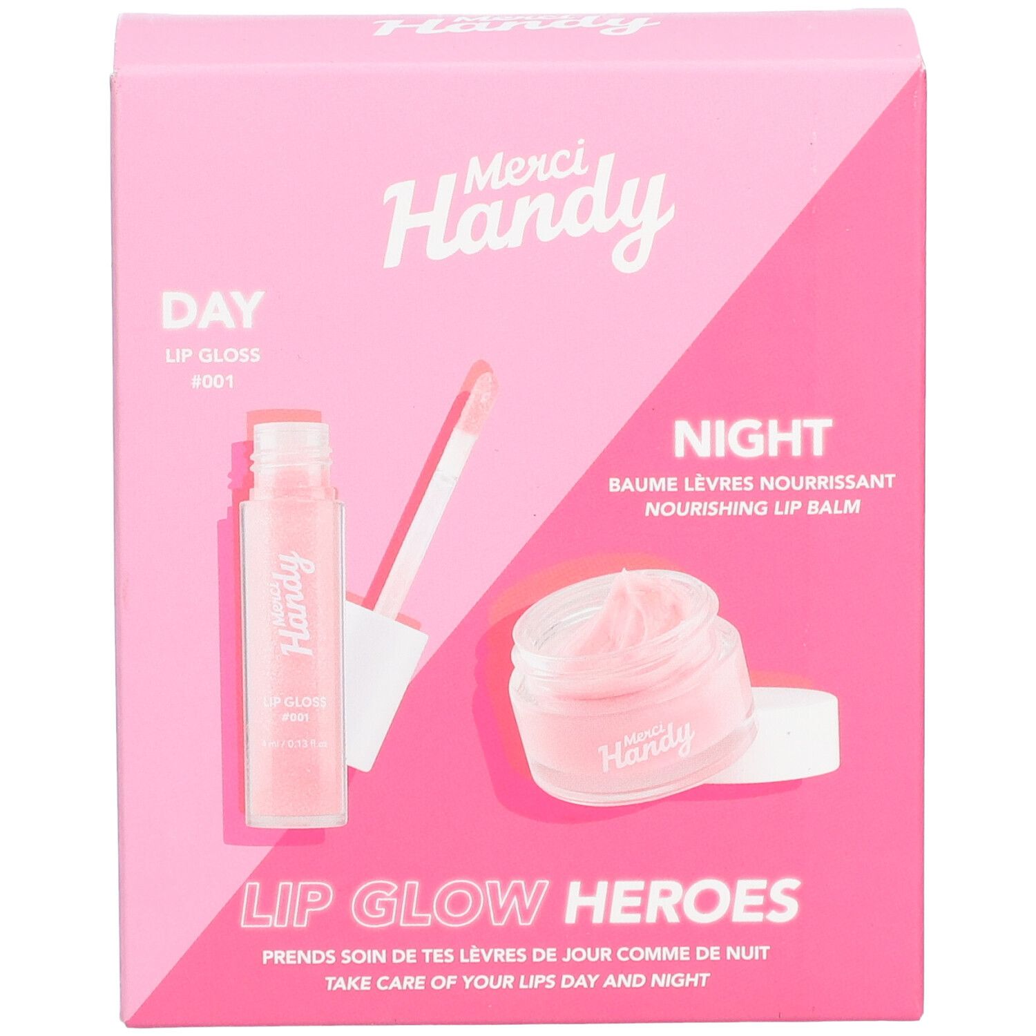 Roze verpakking met twee lipverzorgingsproducten: lipgloss en balsem. Merk Merci Handy, opschrift "Lip Glow Heroes".