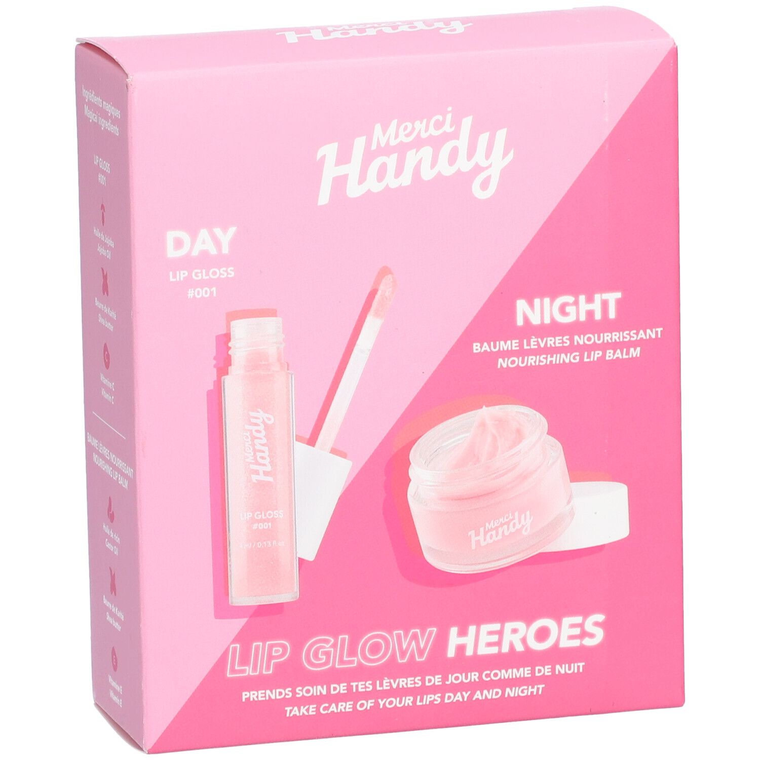 Roze verpakking met twee lipverzorgingsproducten: lipgloss en balsem. Merk Merci Handy, opschrift "Lip Glow Heroes".