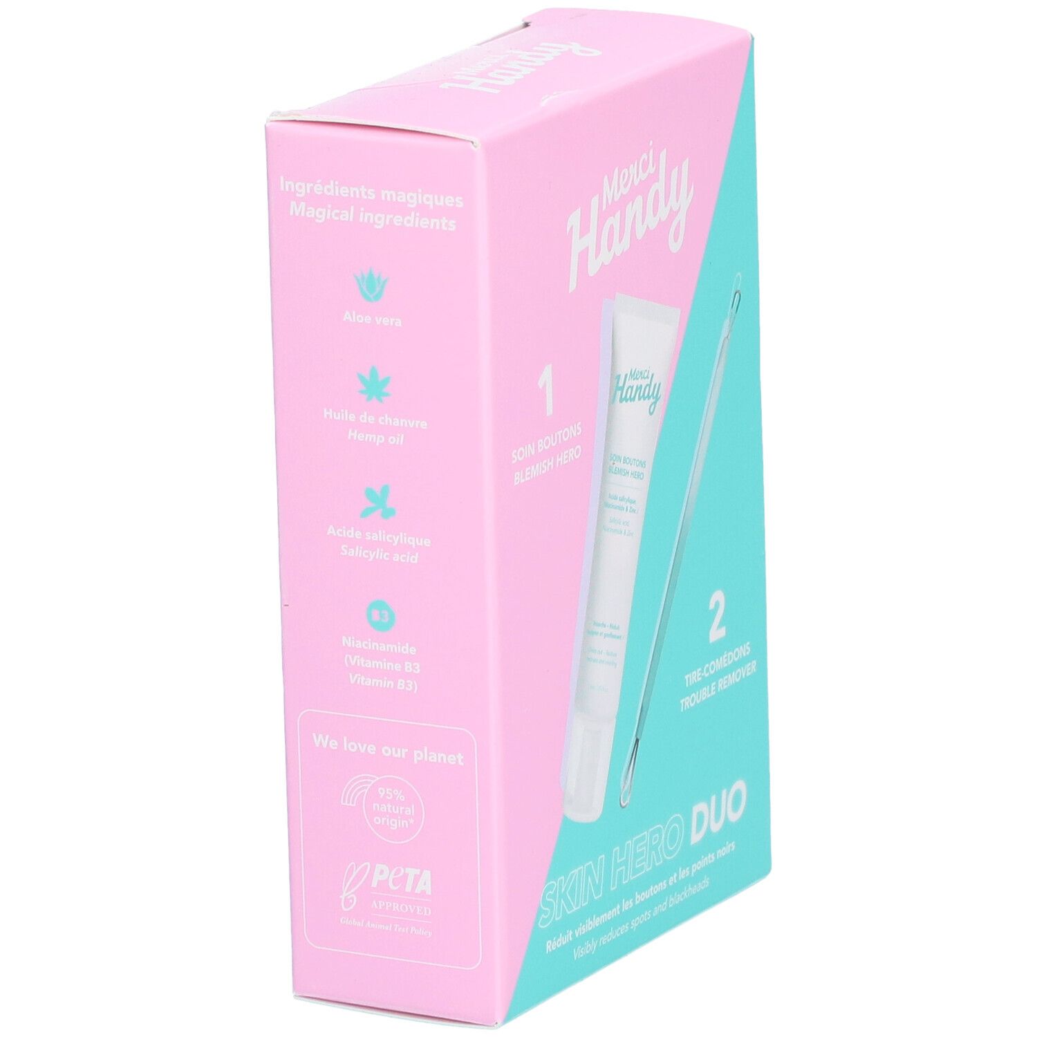 Vue latérale de la boîte. Montre les ingrédients et le logo PETA. Texte : Merci Handy, Skin Hero Duo. Ingrédients naturels à 100%.