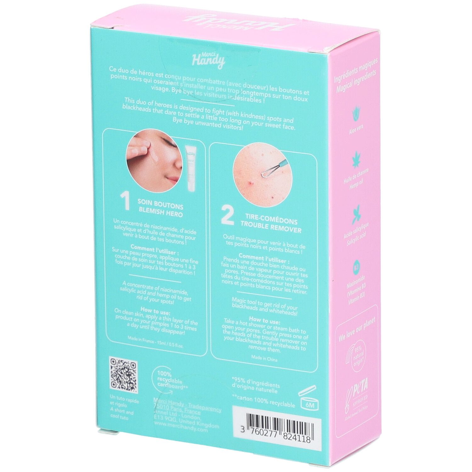 Dos de la boîte. Montre des exemples d'utilisation et un code QR. Texte : Merci Handy, Skin Hero Duo. 100% recyclable.