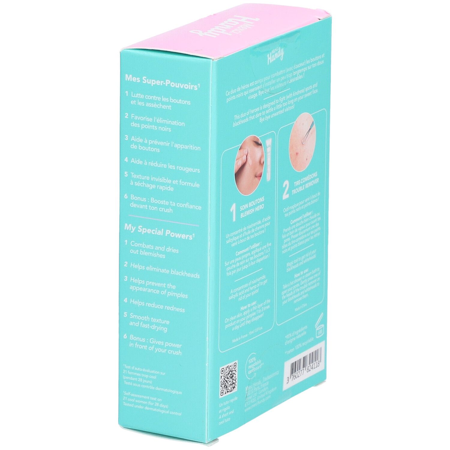 Vue latérale de la boîte. Montre les avantages et les ingrédients. Texte : Merci Handy, Skin Hero Duo. Mes Super-Pouvoirs.