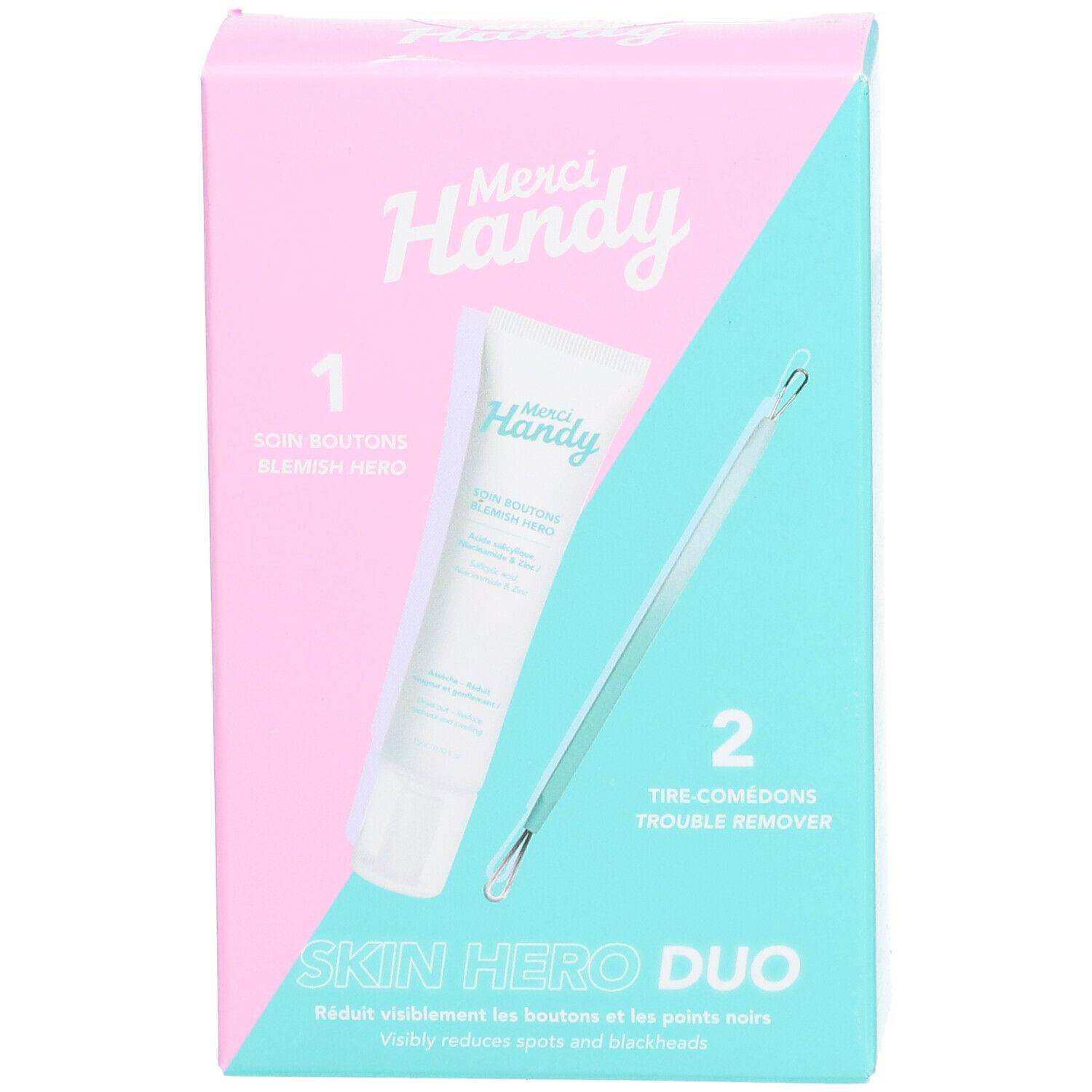 Emballage du produit. Contient un tube et un tire-comédon. Texte : Merci Handy, Skin Hero Duo. Réduit visiblement les boutons.