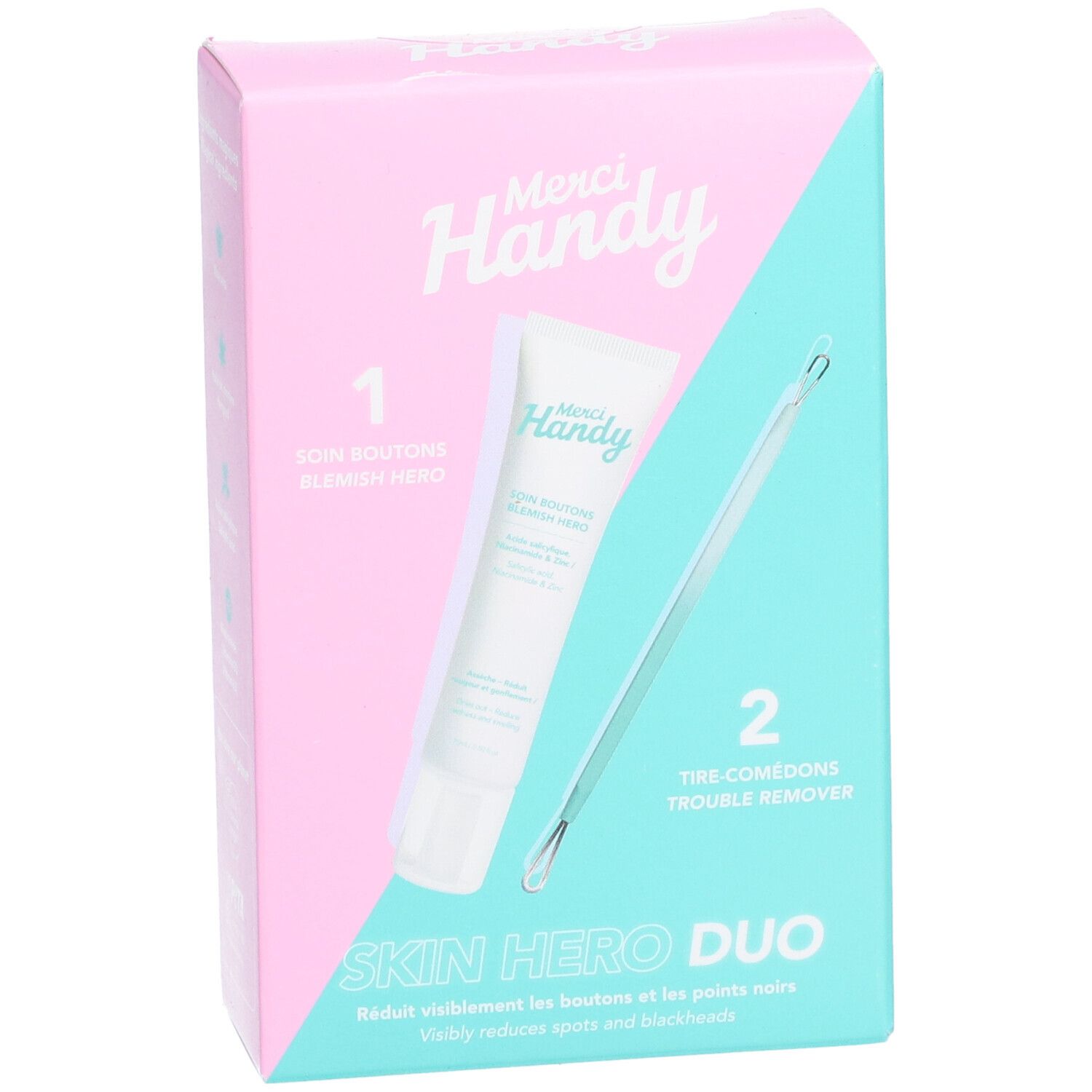 Emballage du produit. Contient un tube et un tire-comédon. Texte : Merci Handy, Skin Hero Duo. Réduit visiblement les boutons.