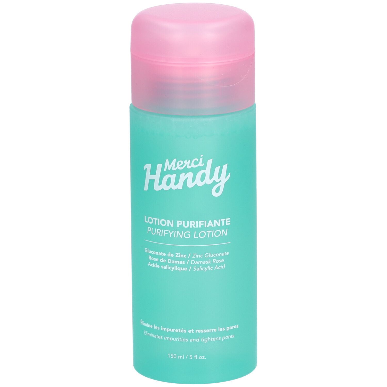 Flacon turquoise et bouchon rose. Inscription : Merci Handy, Lotion Purifiante. Contient zinc, rose de Damas et acide salicylique.