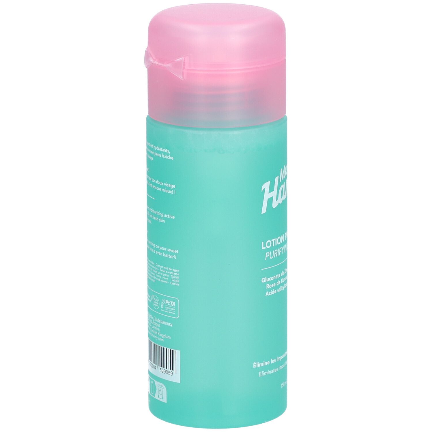 Flacon turquoise et bouchon rose. Texte et code-barres sur le côté. Nom du produit : Merci Handy Lotion Purifiante.