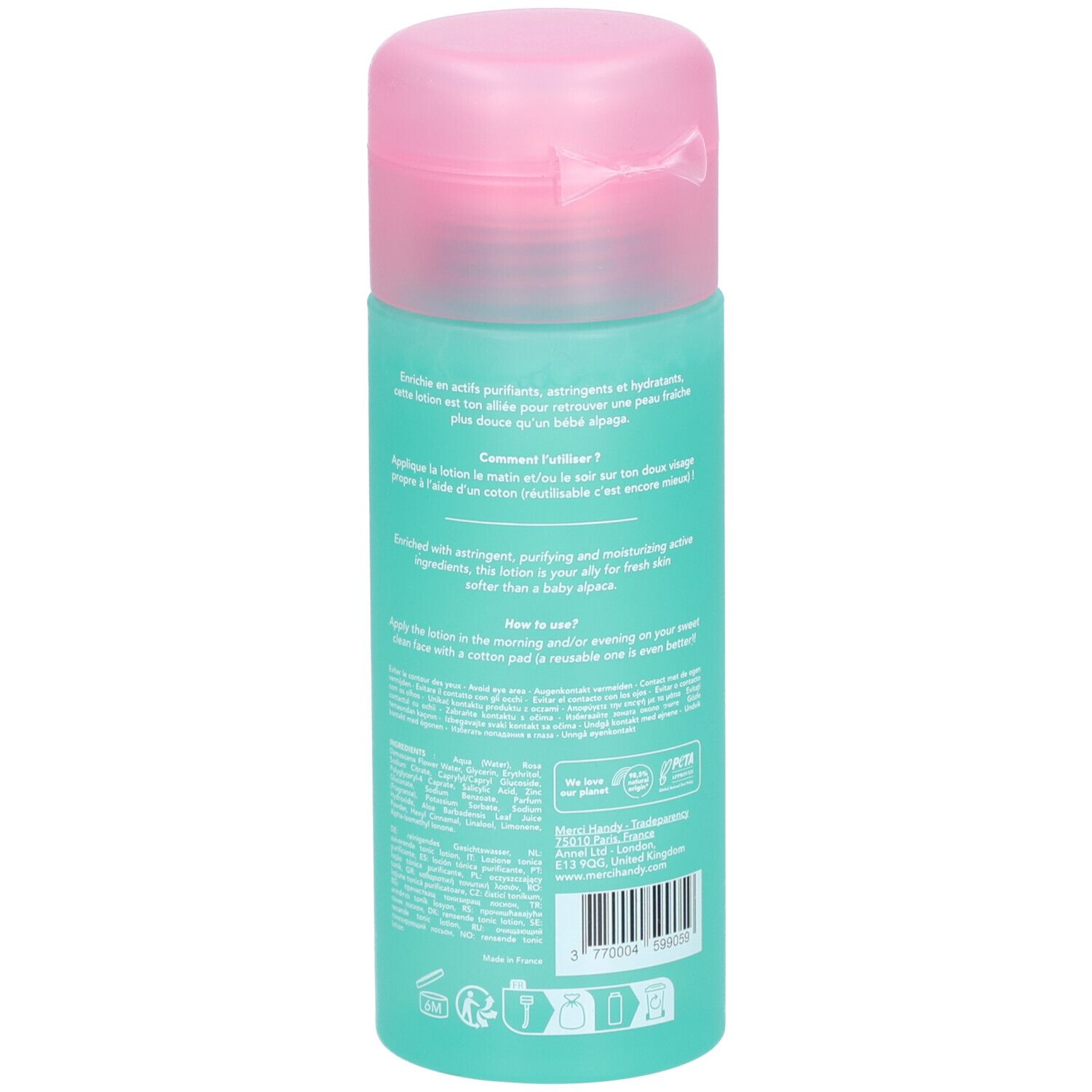 Flacon turquoise et bouchon rose. Texte au dos. Nom du produit : Merci Handy Lotion Purifiante. Ingrédients et mode d'emploi.