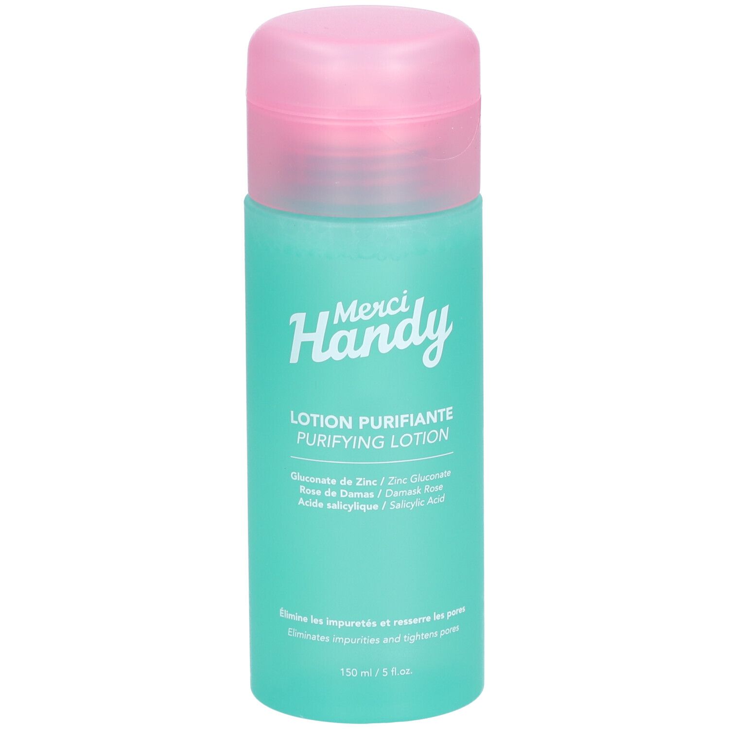 Flacon turquoise et bouchon rose. Inscription : Merci Handy, Lotion Purifiante. Contient zinc, rose de Damas et acide salicylique.