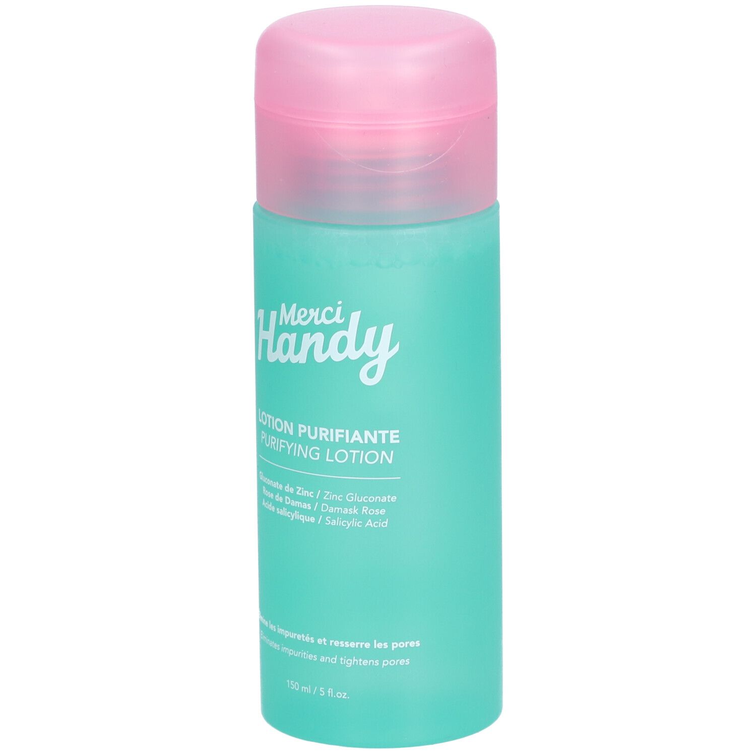 Flacon turquoise et bouchon rose. Inscription : Merci Handy, Lotion Purifiante. Contient zinc, rose de Damas et acide salicylique.