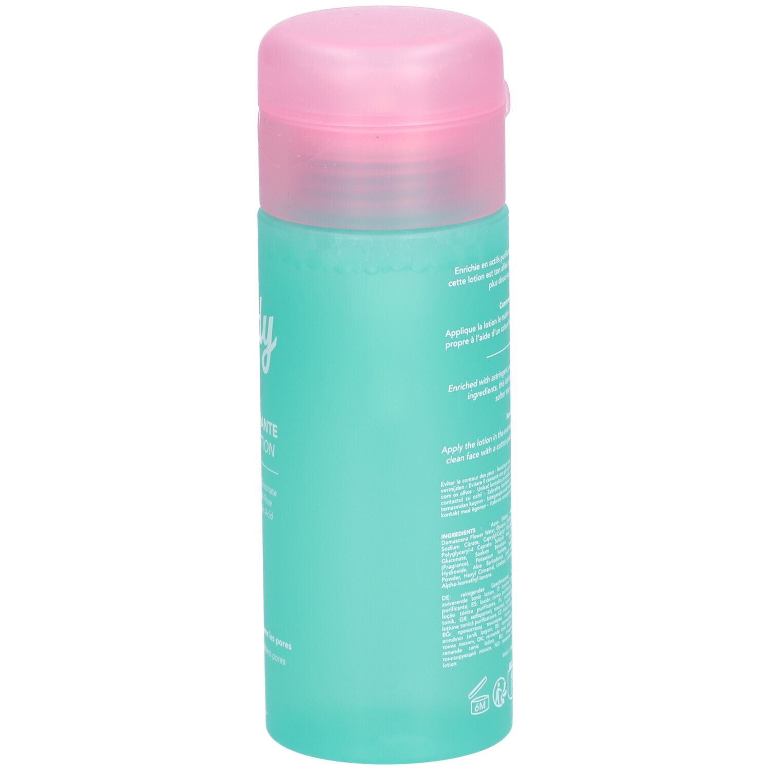 Flacon turquoise et bouchon rose. Texte sur le côté. Nom du produit : Merci Handy Lotion Purifiante. Ingrédients et mode d'emploi.