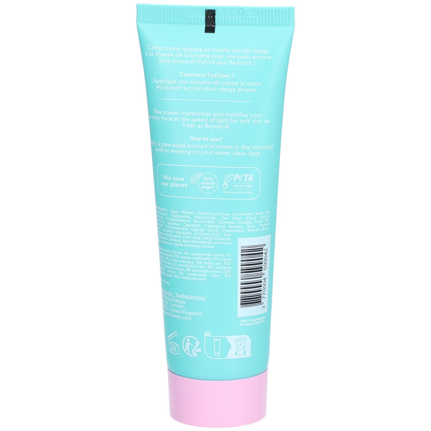 Achterkant van de turquoise tube met roze dop. Meertalige tekst. Bevat informatie over gebruik en ingrediënten.