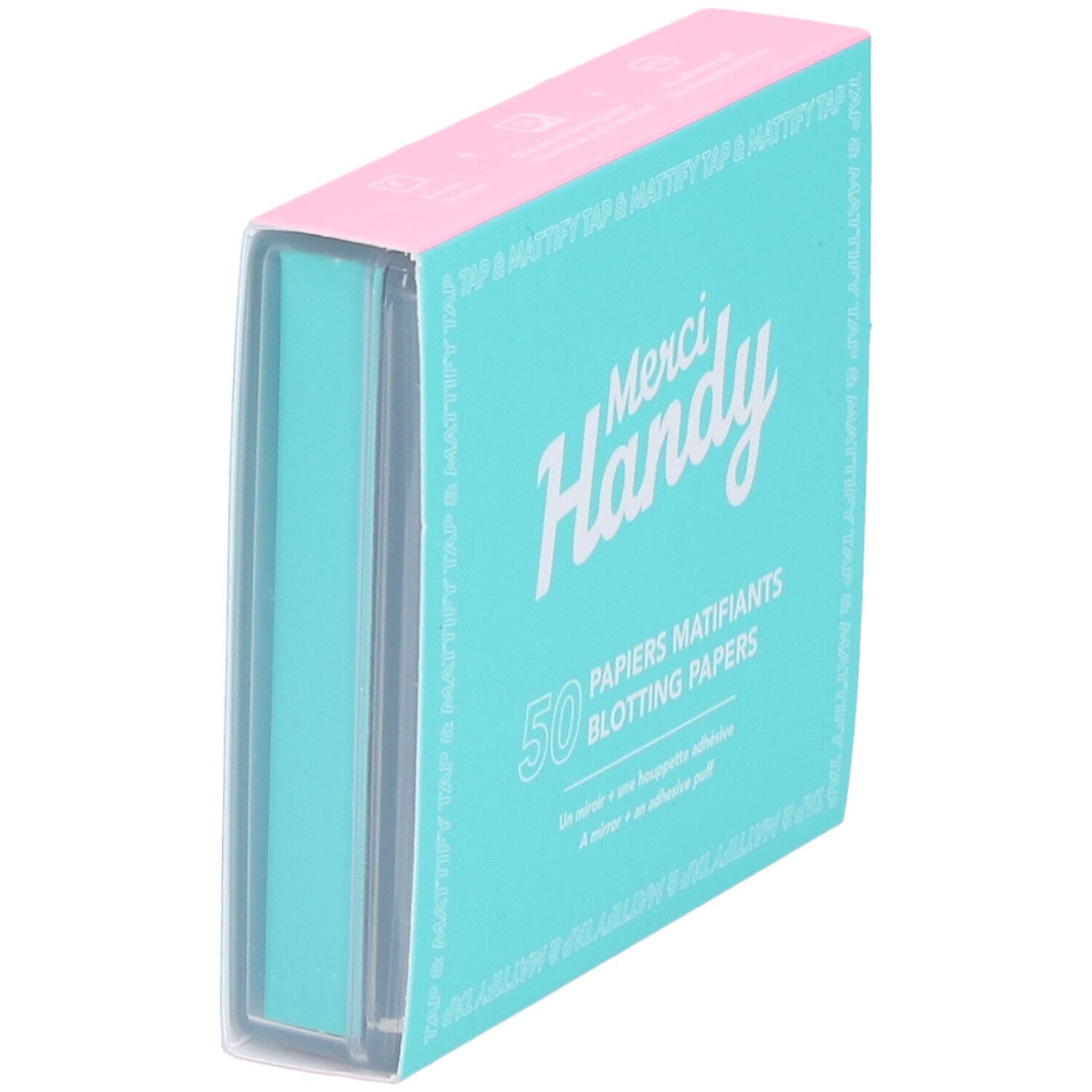 Boîte 'Merci Handy', '50 Papiers Matifiants'. Turquoise et rose, étui transparent. Vue en angle.