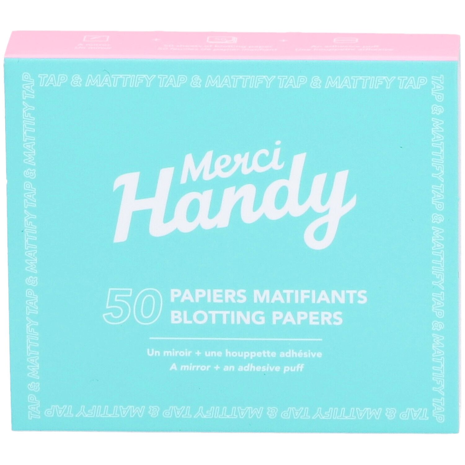 Boîte turquoise et rose 'Merci Handy', '50 Papiers Matifiants'. Contient miroir et houppette adhésive.