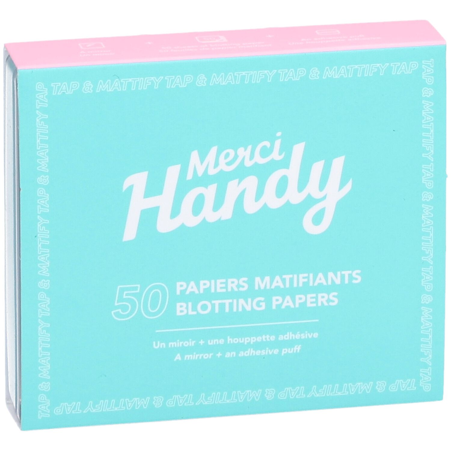 Boîte turquoise et rose 'Merci Handy', '50 Papiers Matifiants'. Contient miroir et houppette adhésive.
