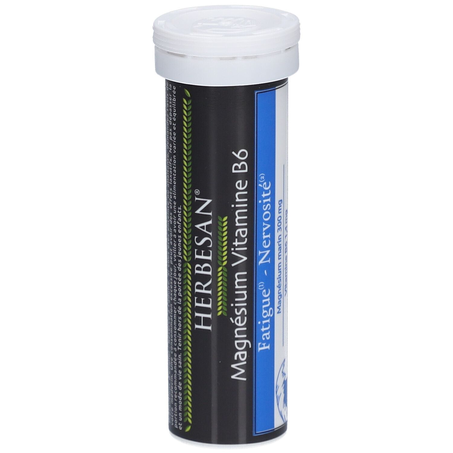 Zylindrische Dose mit weißem Deckel. Aufschrift: Herbesan Magnesium Vitamin B6. Blaue und grüne Akzente.