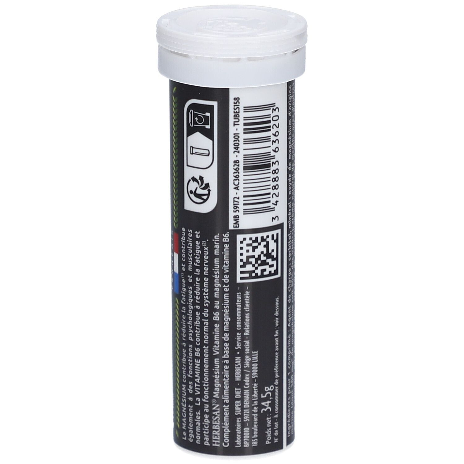 Rückseite der Dose. Text, Barcode und Logos. Gewicht: 34,5g.