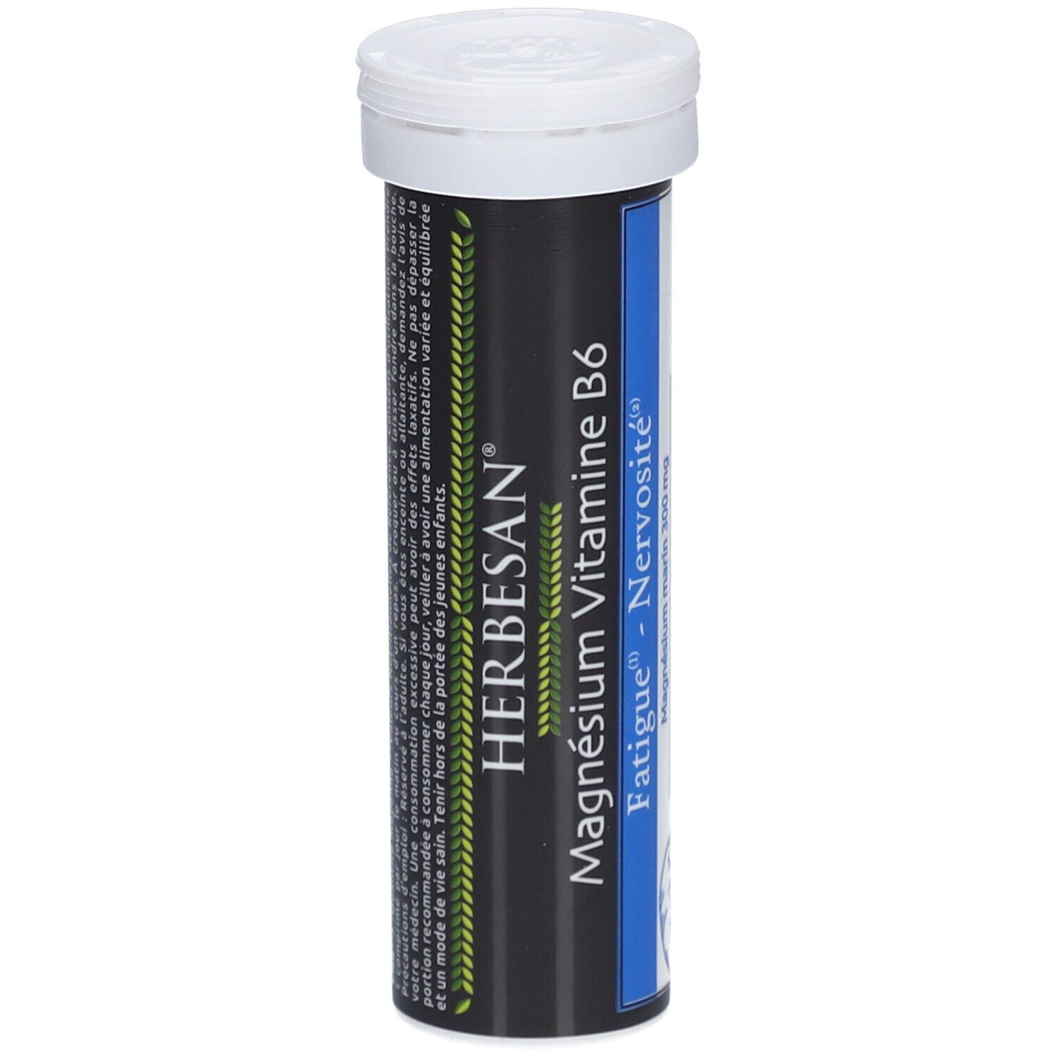 Zylindrische Dose mit weißem Deckel. Aufschrift: Herbesan Magnesium Vitamin B6. Blaue und grüne Akzente.