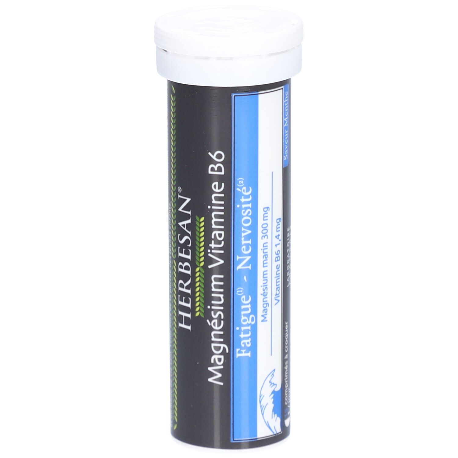 Zylindrische Dose mit weißem Deckel. Aufschrift: Herbesan Magnesium Vitamin B6. Blaue Akzente.