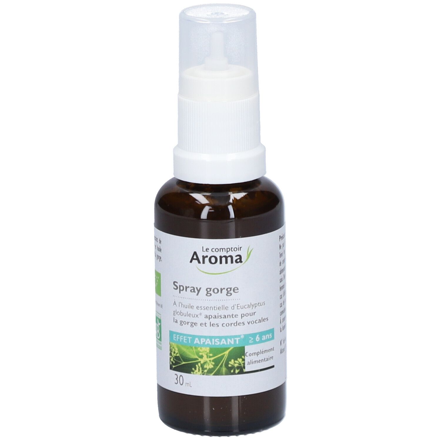 Flacon marron avec vaporisateur blanc. Inscription: Spray gorge, Le comptoir Aroma. Label bio.