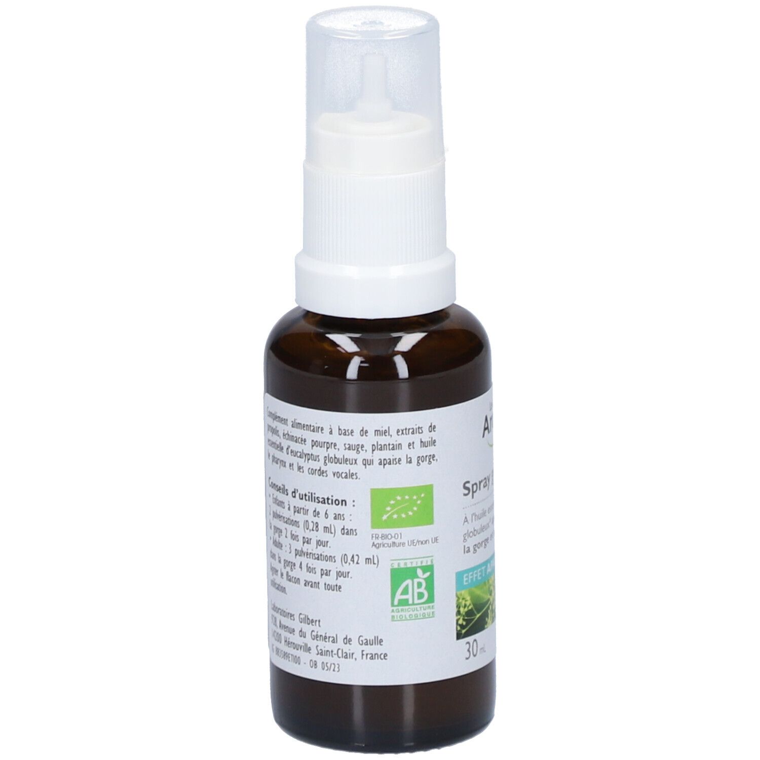 Flacon marron avec vaporisateur blanc. Inscription: Spray gorge, Le comptoir Aroma. Label bio et logo AB.