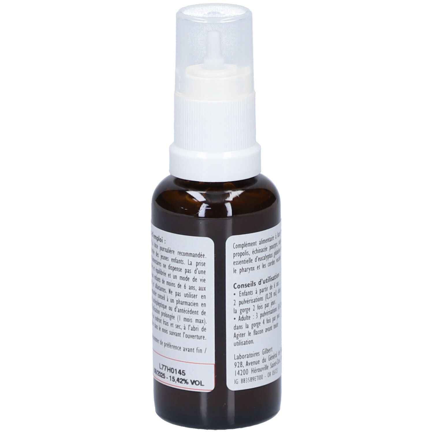 Flacon marron avec vaporisateur blanc. Texte: conseils d'utilisation, ingrédients. Label bio et logo AB.