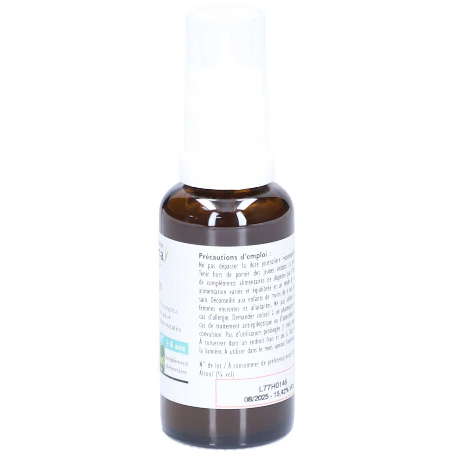 Flacon marron avec vaporisateur blanc. Texte: précautions d'emploi. Label bio et logo AB.