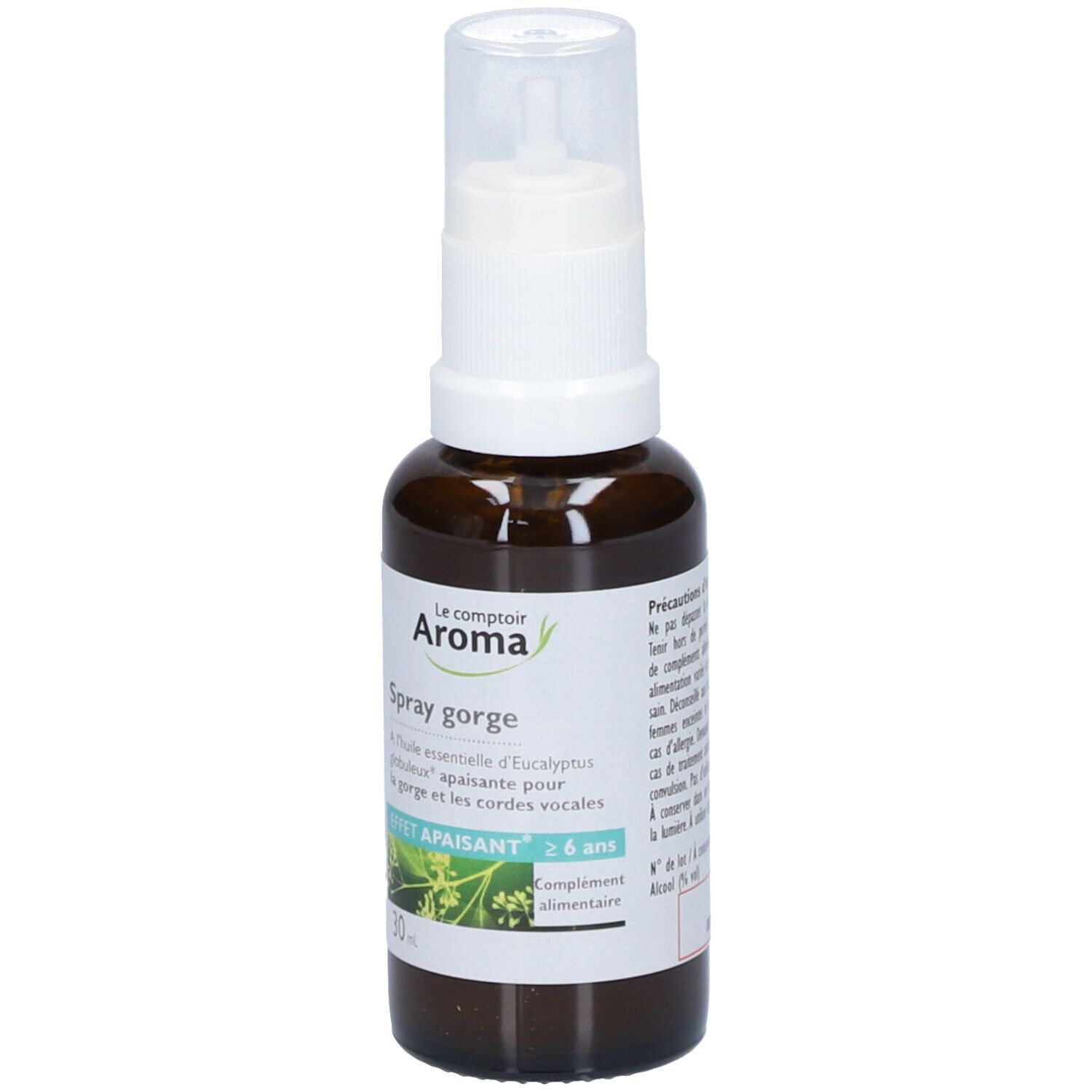 Flacon marron avec vaporisateur blanc. Inscription: Spray gorge, Le comptoir Aroma. Label bio et logo AB.