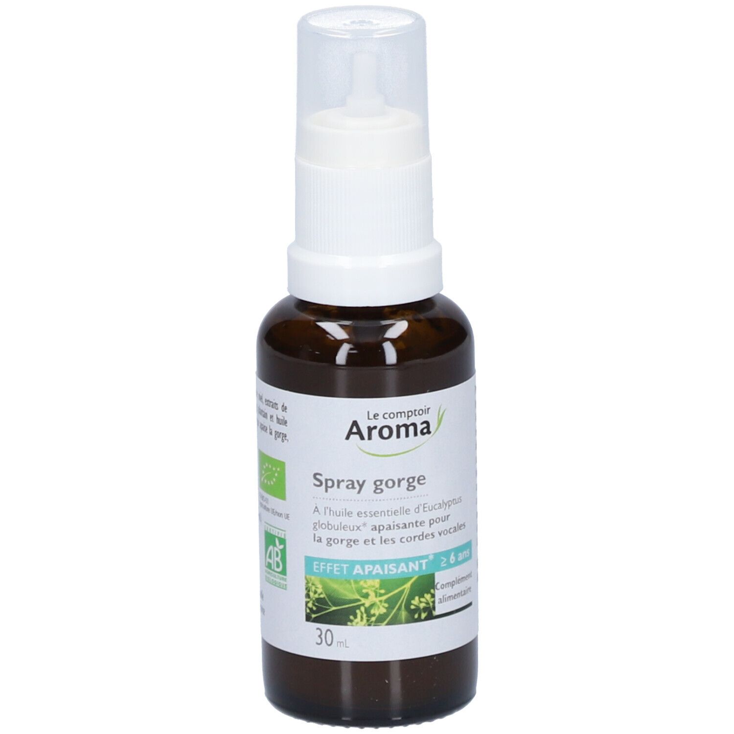 Flacon marron avec vaporisateur blanc. Inscription: Spray gorge, Le comptoir Aroma. Label bio et logo AB.