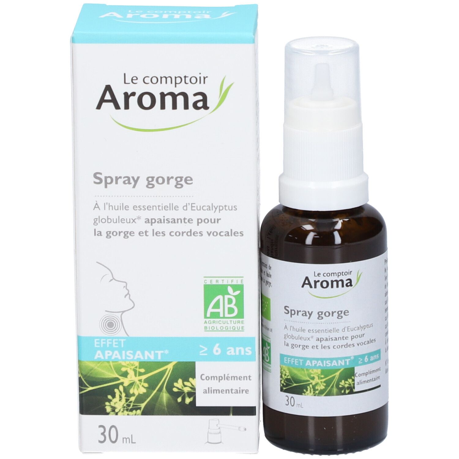 Produit et emballage. Flacon spray et boîte. Inscription: Spray gorge, Le comptoir Aroma. Label bio.