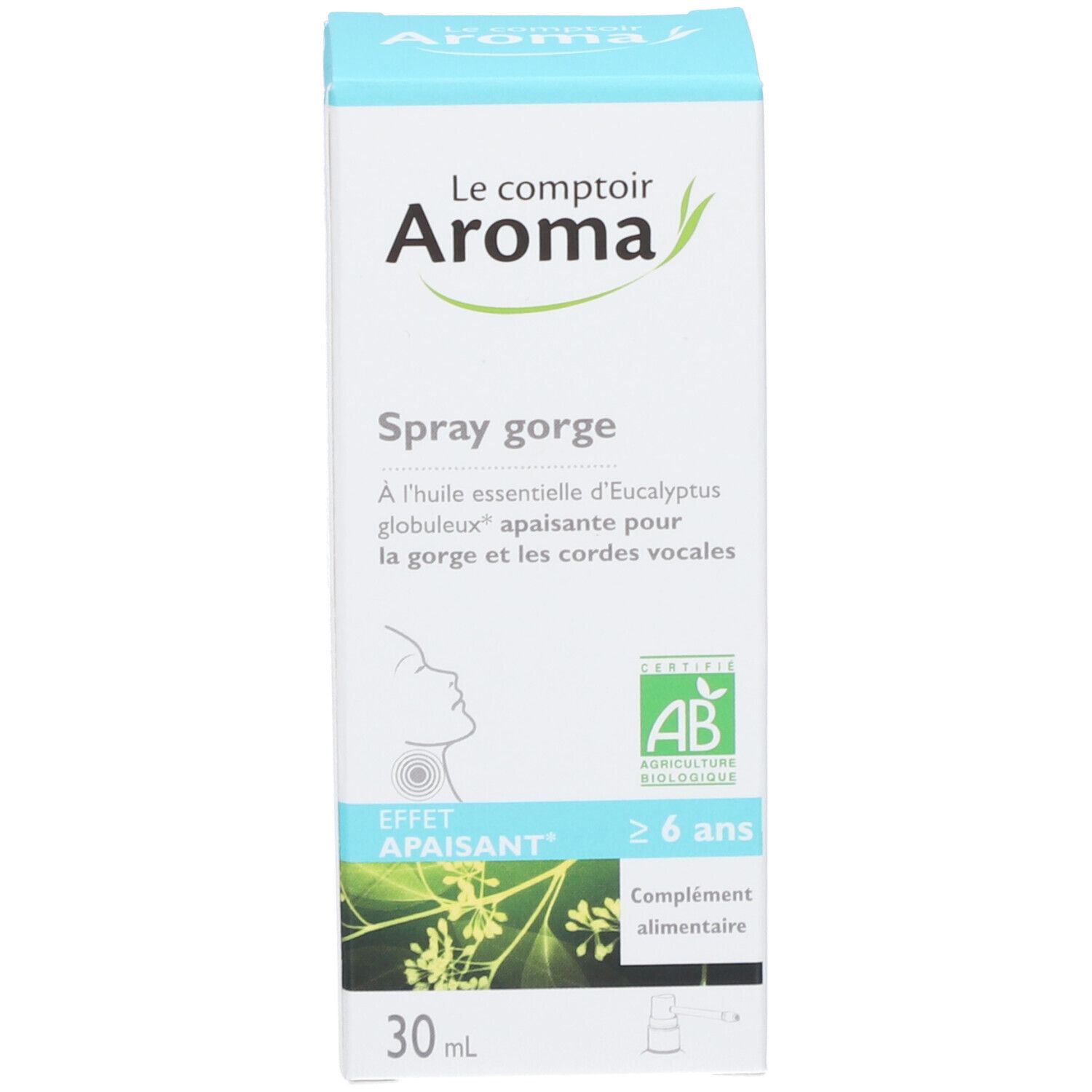 Emballage du produit. Boîte avec inscription: Spray gorge, Le comptoir Aroma. Label bio et logo AB.