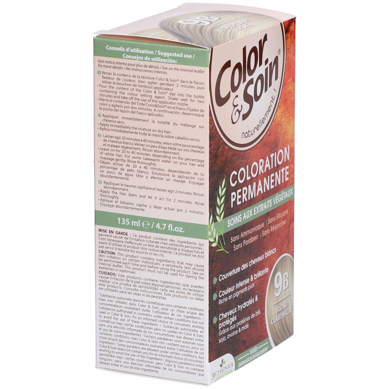 Haarfärbemittel-Verpackung. "Color & Soin" mit "9B Blond Clair Nacre". Text: "Coloration Permanente".