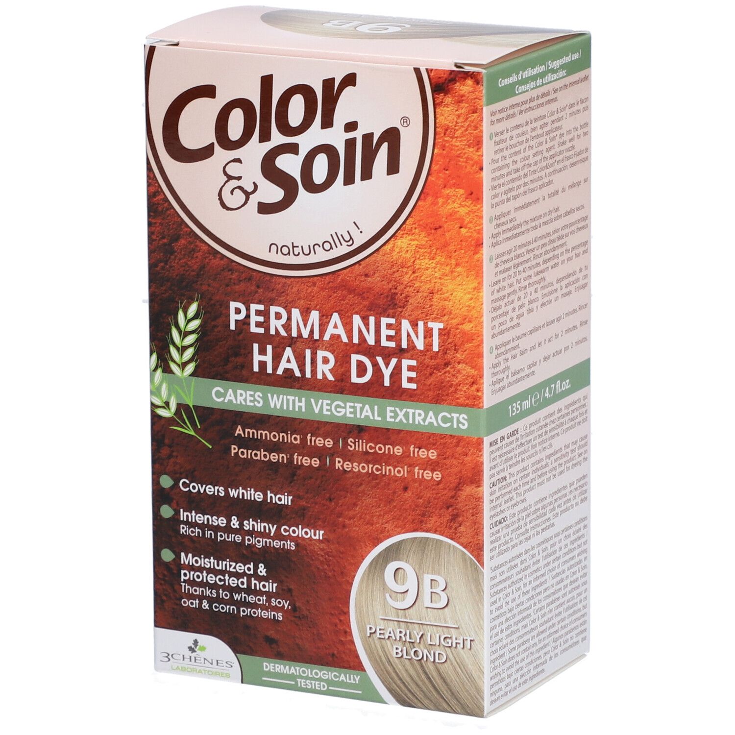 Haarfärbemittel-Verpackung. "Color & Soin" mit "9B Pearly Light Blond". Text: "Permanent Hair Dye".