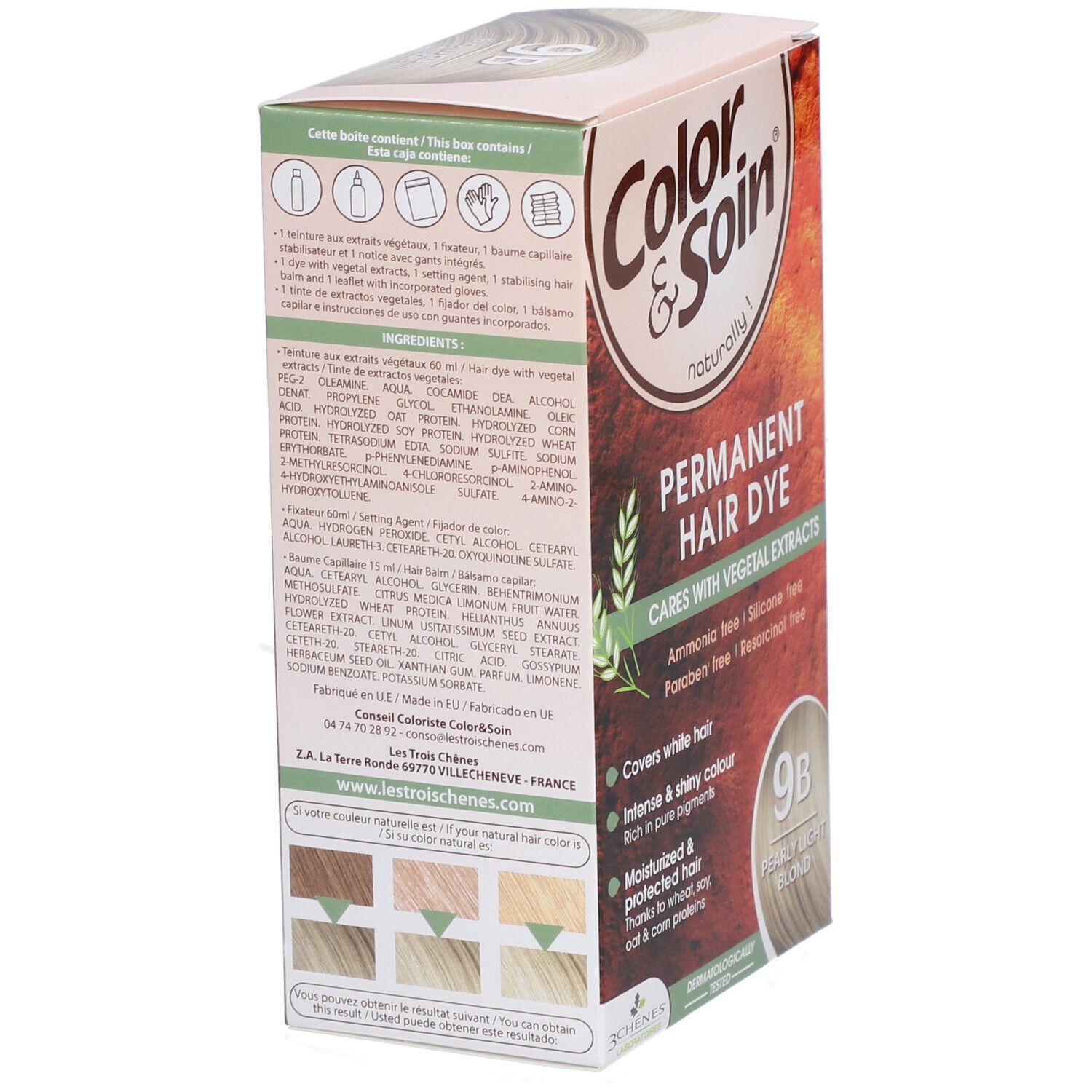 Haarfärbemittel-Verpackung. "Color & Soin" mit "9B Pearly Light Blond". Text: "Permanent Hair Dye".