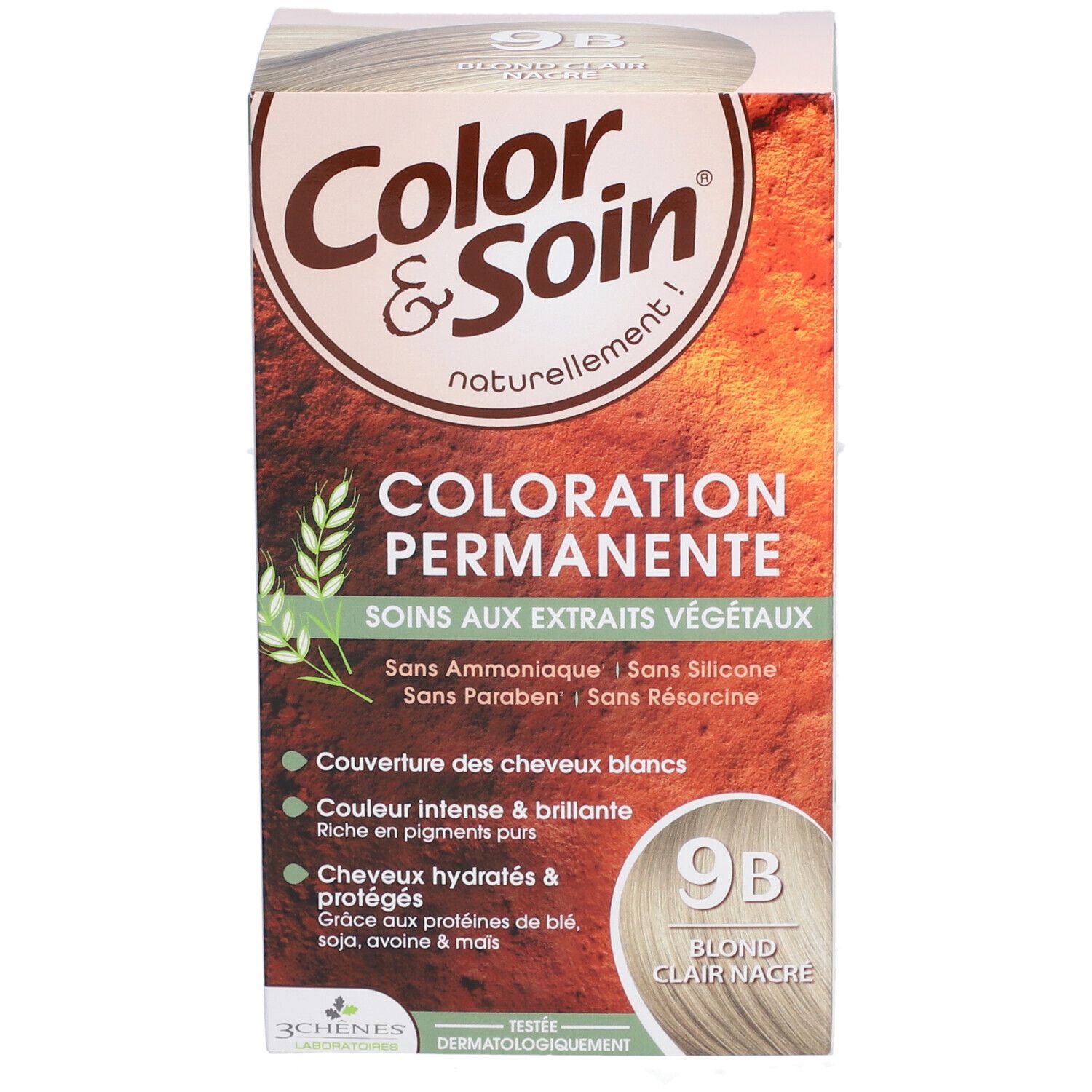 Haarfärbemittel-Verpackung. "Color & Soin" mit "9B Blond Clair Nacre". Text: "Coloration Permanente".