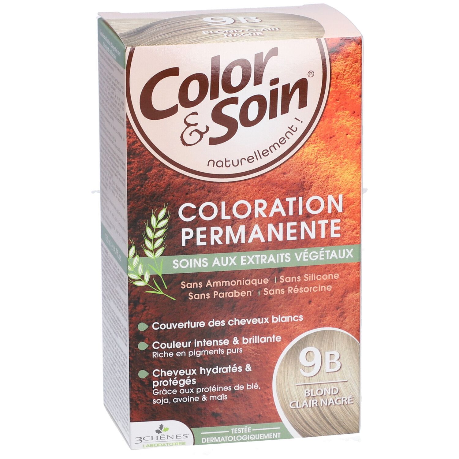 Haarfärbemittel-Verpackung. "Color & Soin" mit "9B Blond Clair Nacre". Text: "Coloration Permanente".