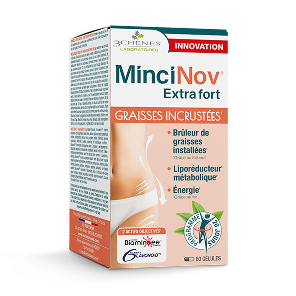 Boîte Mincinov Extra fort. Inscription: Graisses Incrustées. Contient 80 gélules. Logo 3 Chênes Laboratoires.