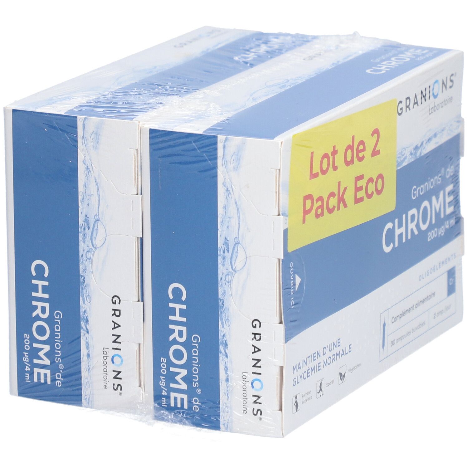 Deux boîtes GRANIONS CHROME, Pack Eco. Inscription: CHROME 200 µg/4 ml. 30 ampoules buvables. Oligo-éléments.