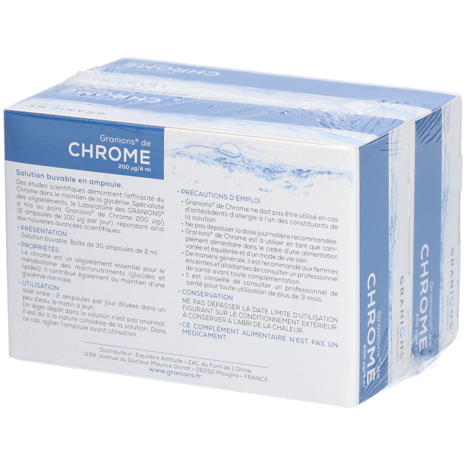 Boîte GRANIONS CHROME. Inscription: CHROME 200 µg/4 ml. 30 ampoules buvables. Conseils et précautions d'emploi.