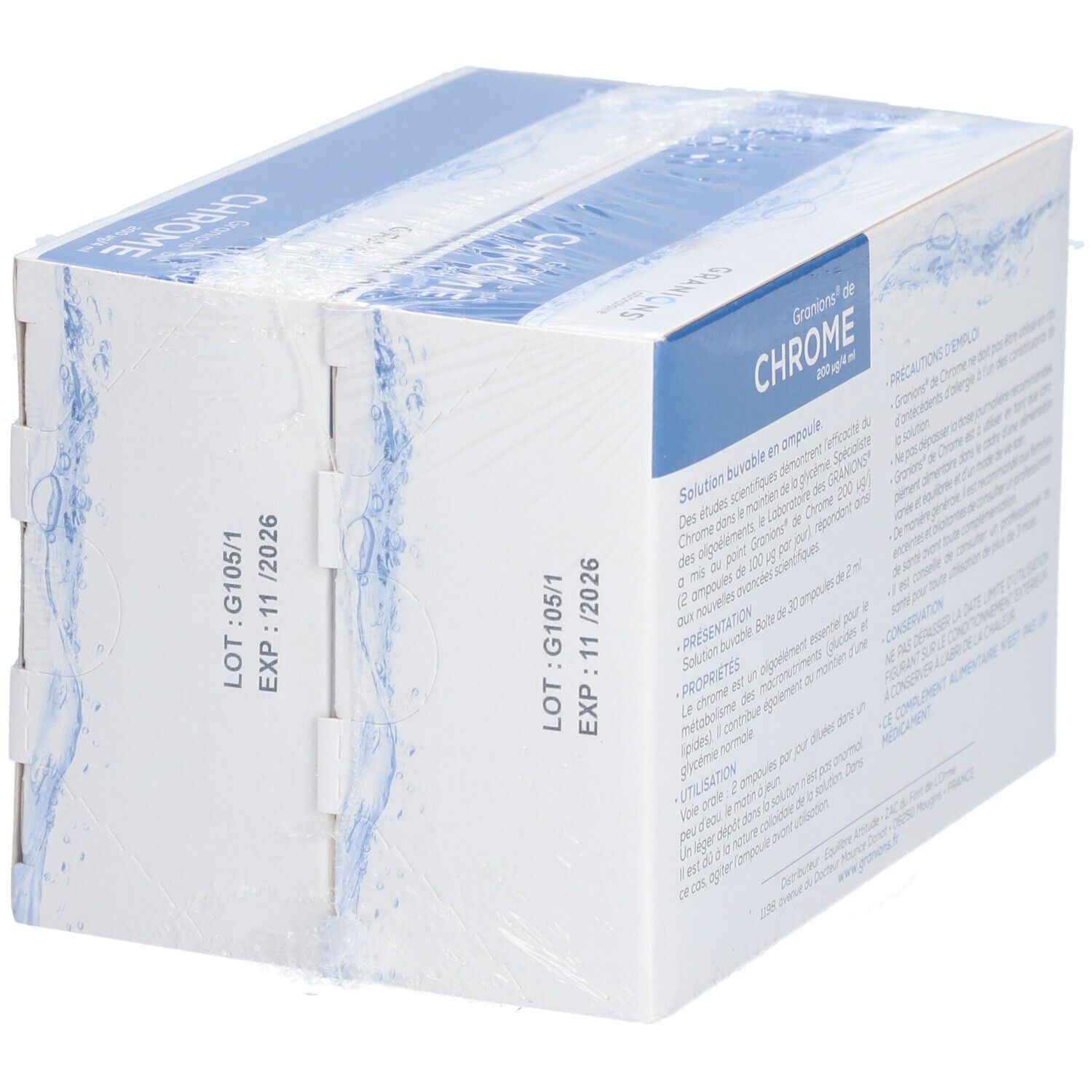 Dos de la boîte GRANIONS CHROME. Inscription: CHROME 200 µg/4 ml. Numéro de lot et date de péremption. Informations fabricant.
