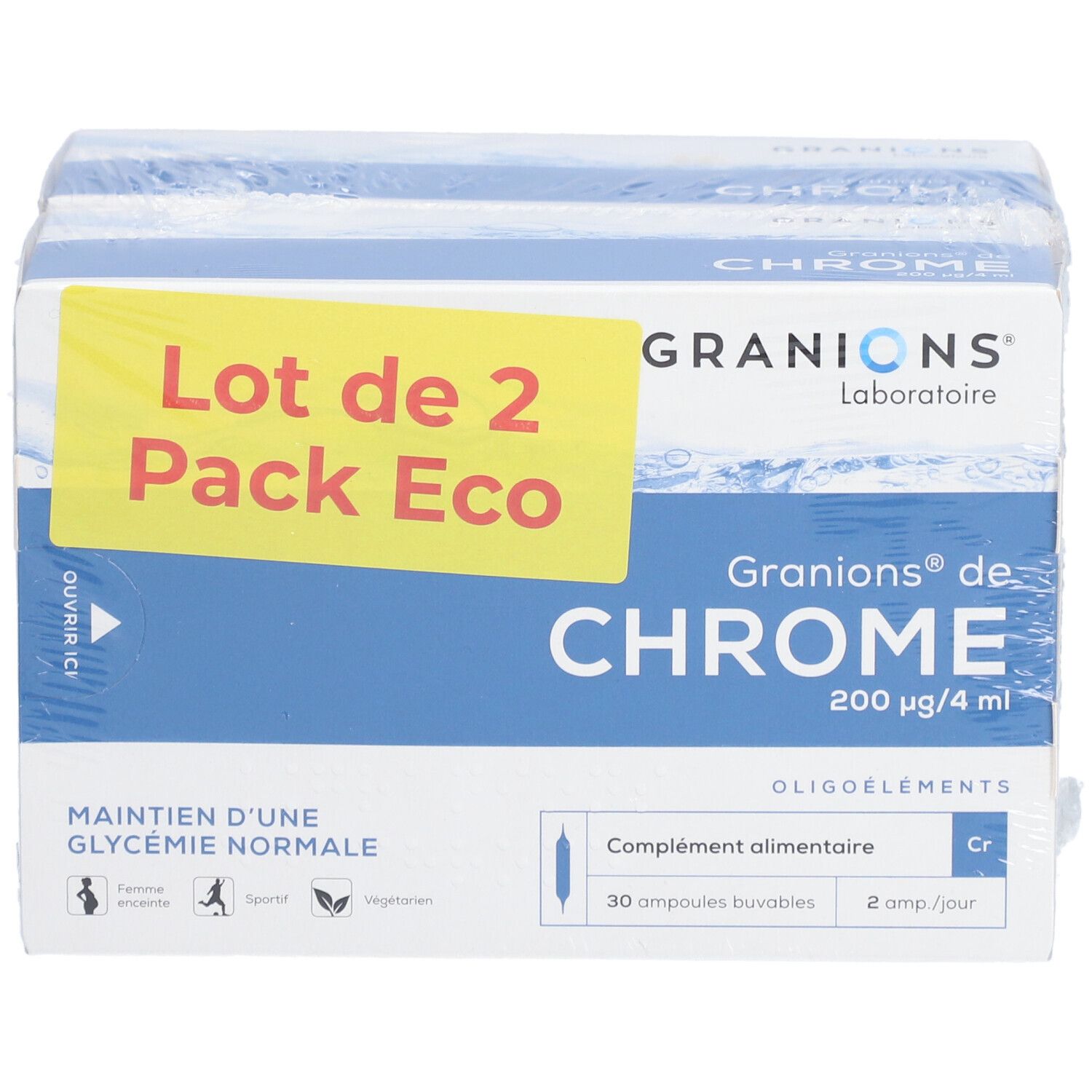 Boîte GRANIONS CHROME, Pack Eco. Inscription: CHROME 200 µg/4 ml. 30 ampoules buvables. Oligo-éléments. 2 amp/jour.