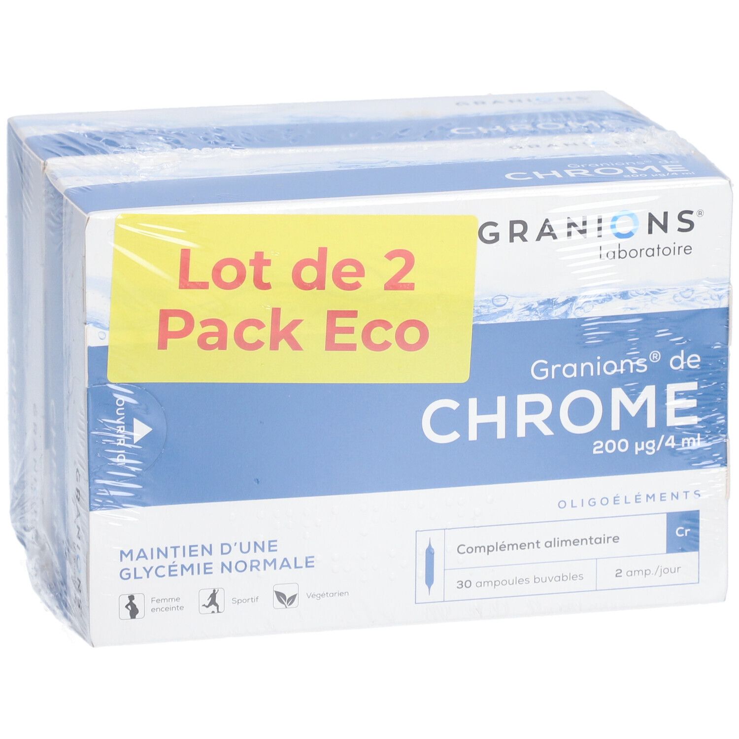 Boîte GRANIONS CHROME, Pack Eco. Inscription: CHROME 200 µg/4 ml. 30 ampoules buvables. Oligo-éléments.