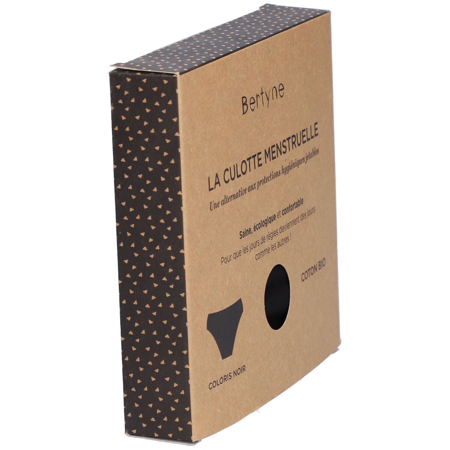 Kartonverpackung der schwarzen Menstruationsunterhose. Aufdruck: Bertyne, La Culotte Menstruelle, Coton Bio. Seitenansicht.