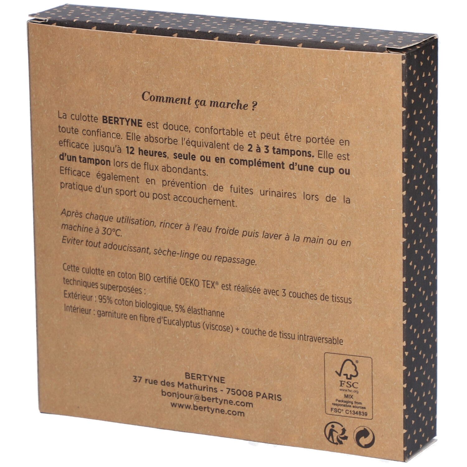 Rückseite der Kartonverpackung der Menstruationsunterhose. Text: Wie es funktioniert, Bertyne, Oeko-Tex-Zertifizierung.