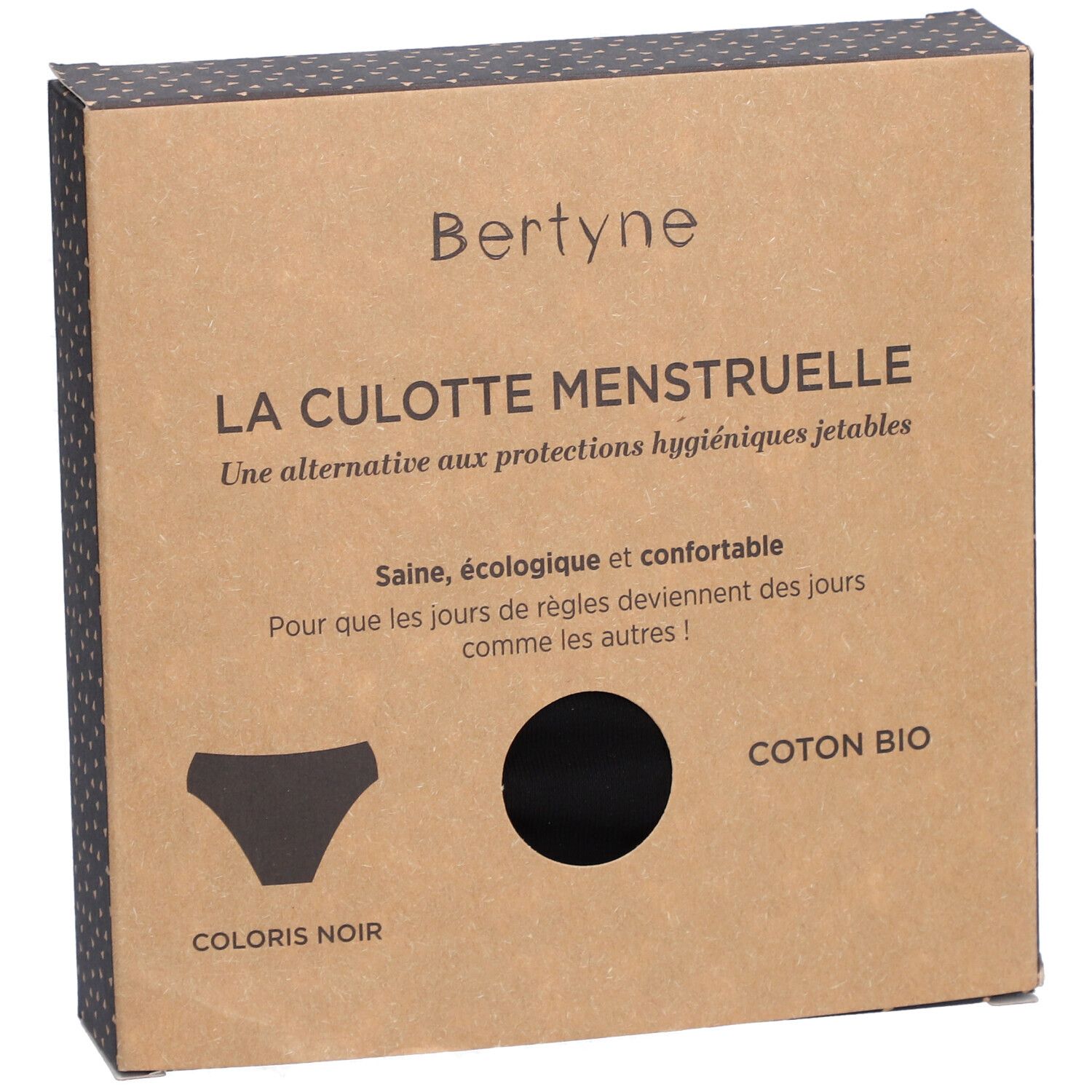 Schwarze Menstruationsunterhose in einer braunen Kartonverpackung. Aufdruck: Bertyne, La Culotte Menstruelle, Coton Bio.