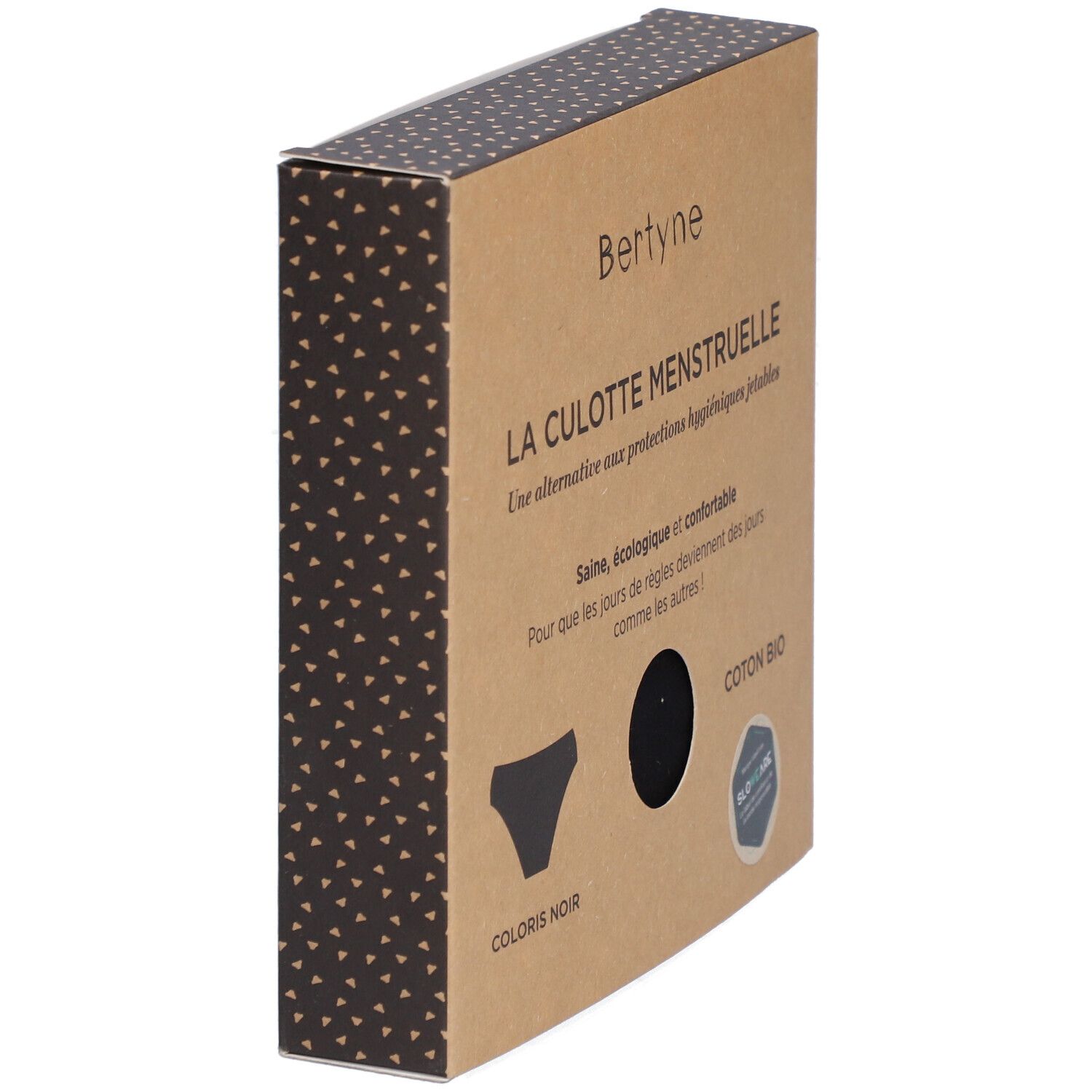 Seitenansicht der Verpackung von BERTYNE La Culotte Menstruelle. Schwarze Unterwäsche-Illustration. Bio-Baumwolle.