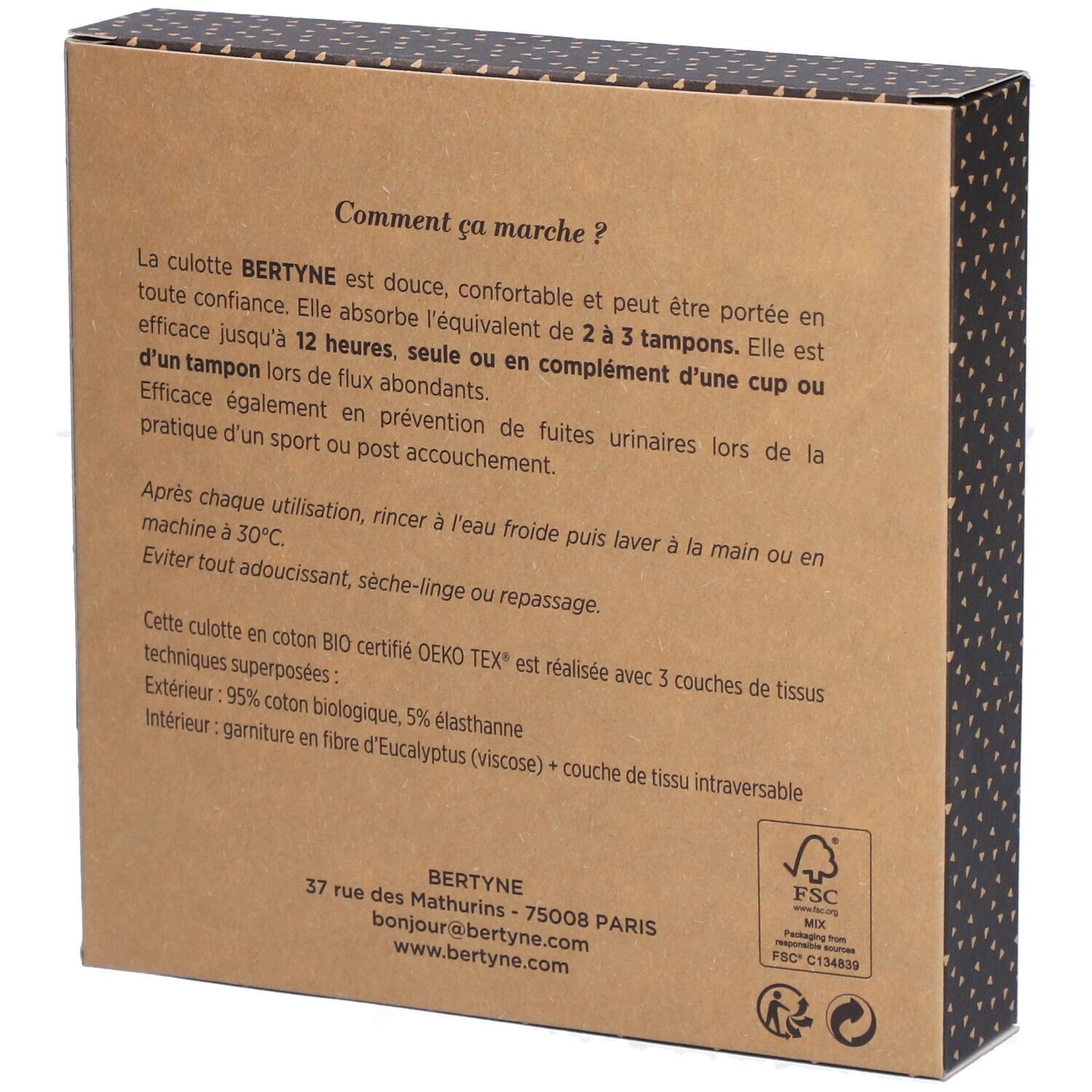 Rückseite der Verpackung von BERTYNE La Culotte Menstruelle. Text über das Produkt. FSC-Logo und Oeko-Tex-Zertifizierung.