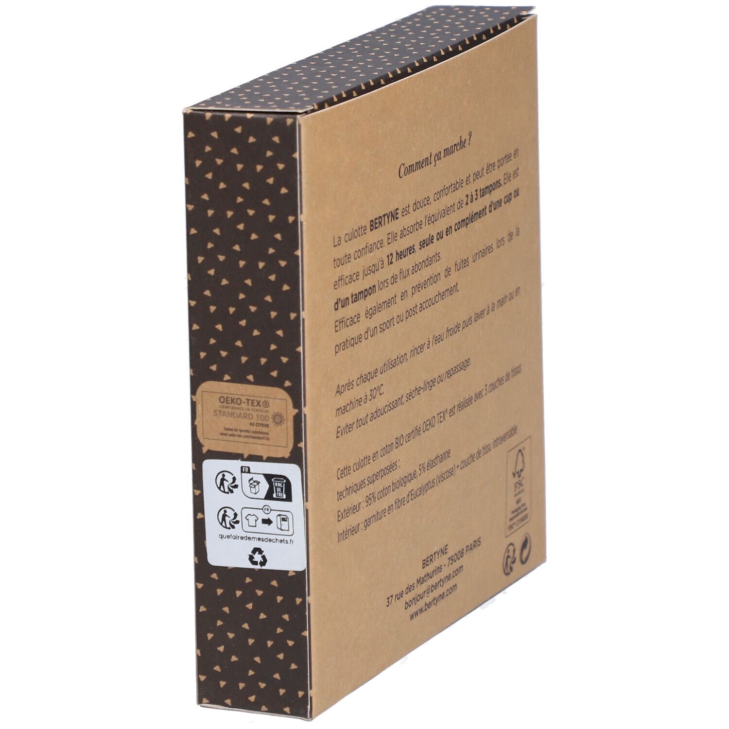 Seitenansicht der Verpackung von BERTYNE La Culotte Menstruelle. Text und Zertifizierungen. FSC-Logo und Oeko-Tex.