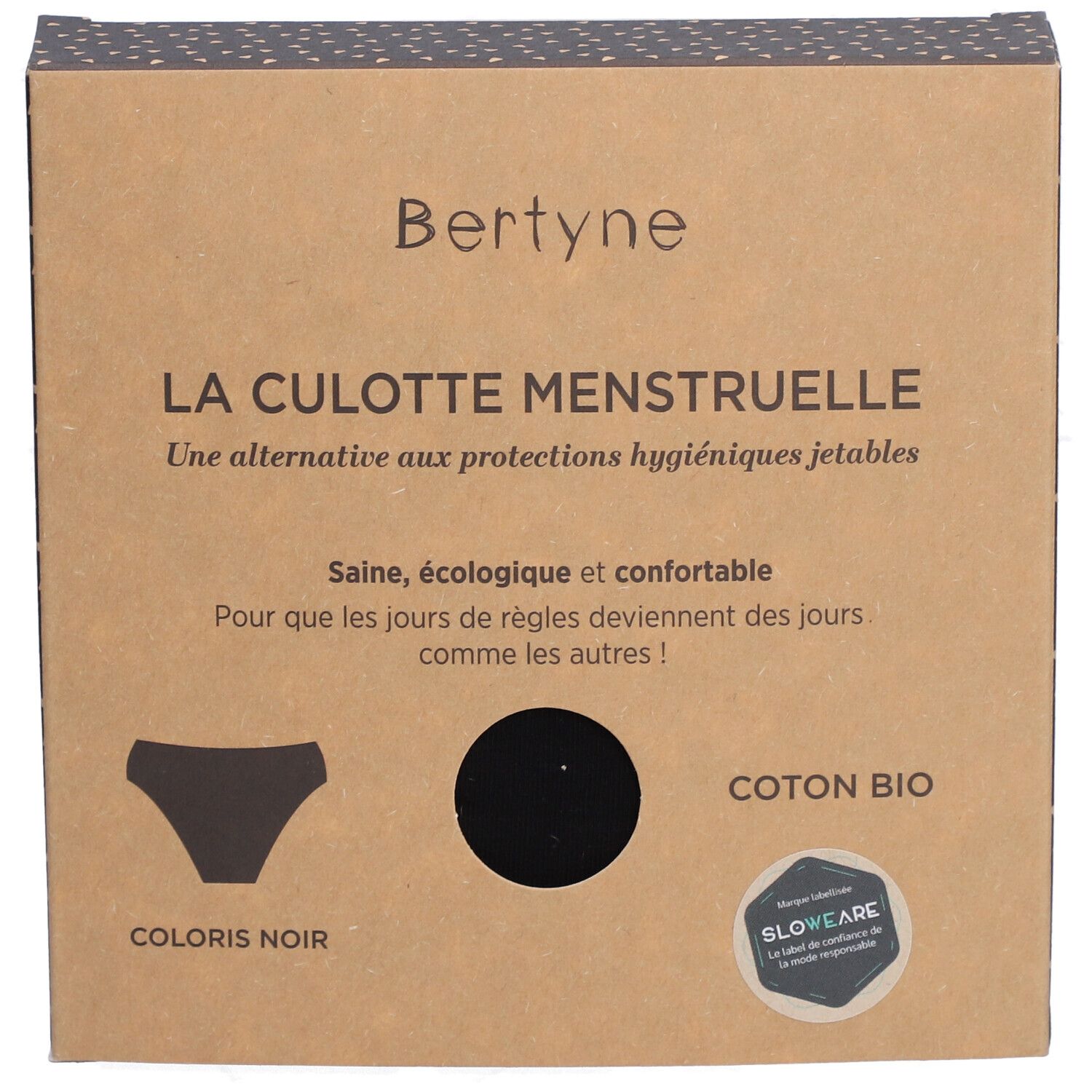 Vorderseite der Verpackung von BERTYNE La Culotte Menstruelle. Schwarze Unterwäsche-Illustration. Bio-Baumwolle. Slowear-Zertifizierung.