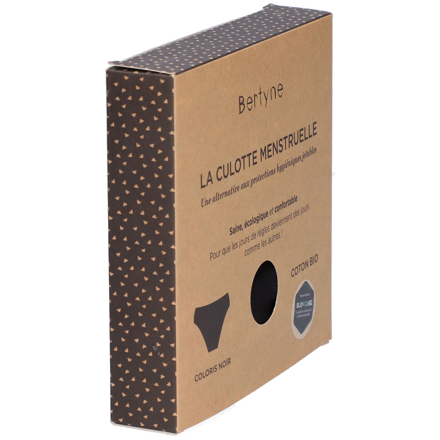 Boîte BERTYNE, vue de côté. Texte: Coton bio, Coloris noir. Alternative aux protections hygiéniques jetables.